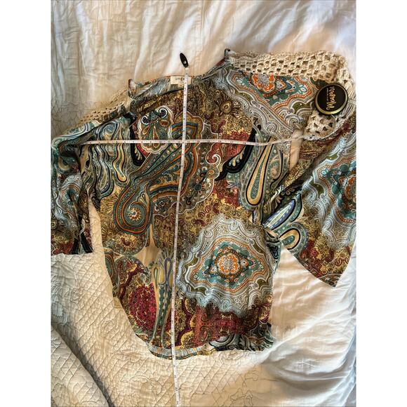 Umgee Cold Shoulder Earth Tones Crochet Sleeve Boho Top Size Medium - Picture 5 of 5